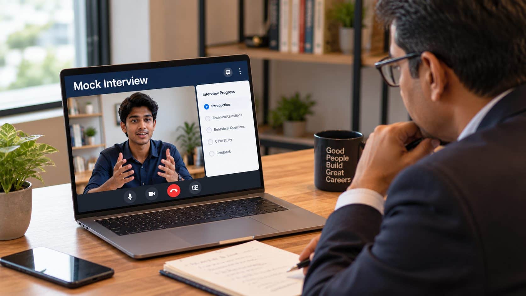 A professional conducting a mock interview over video call with structured feedback