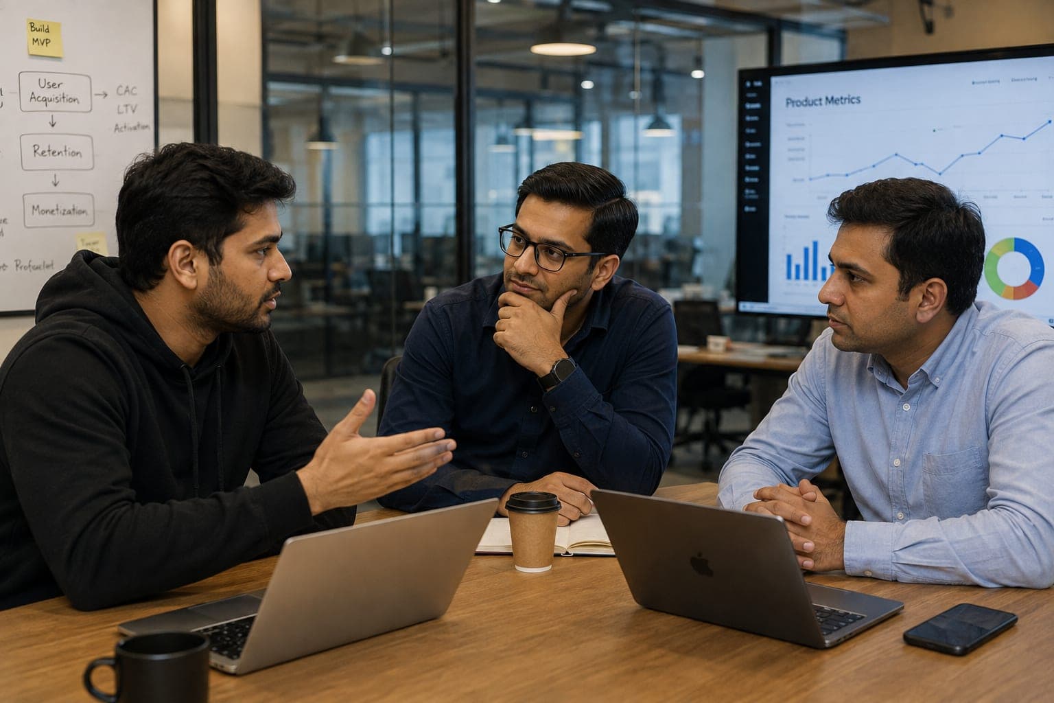 Startup founder reviewing a fast-moving business decision with a colleague