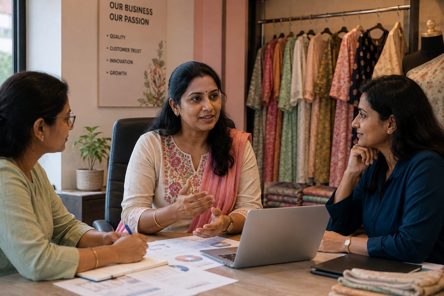 Woman entrepreneur discussing strategy for her growing business